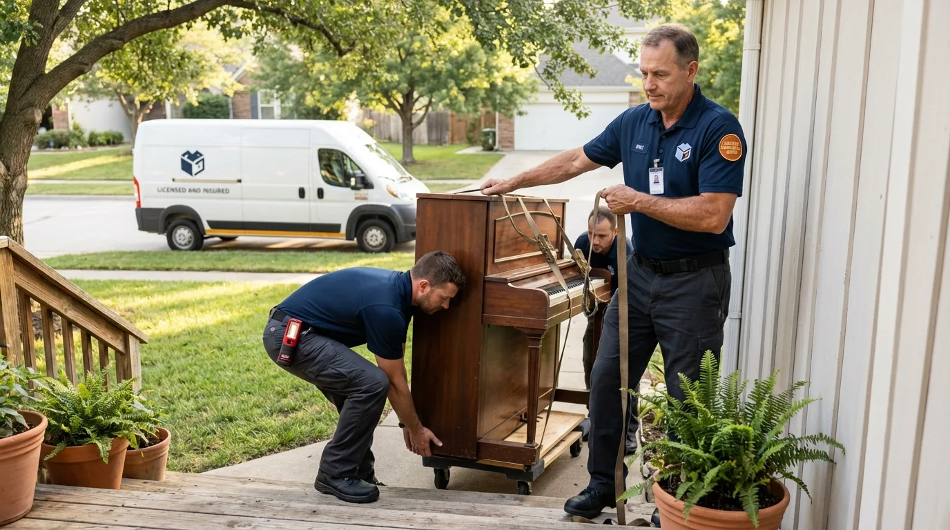 Licensed piano movers securing grand piano in Mineville, NY