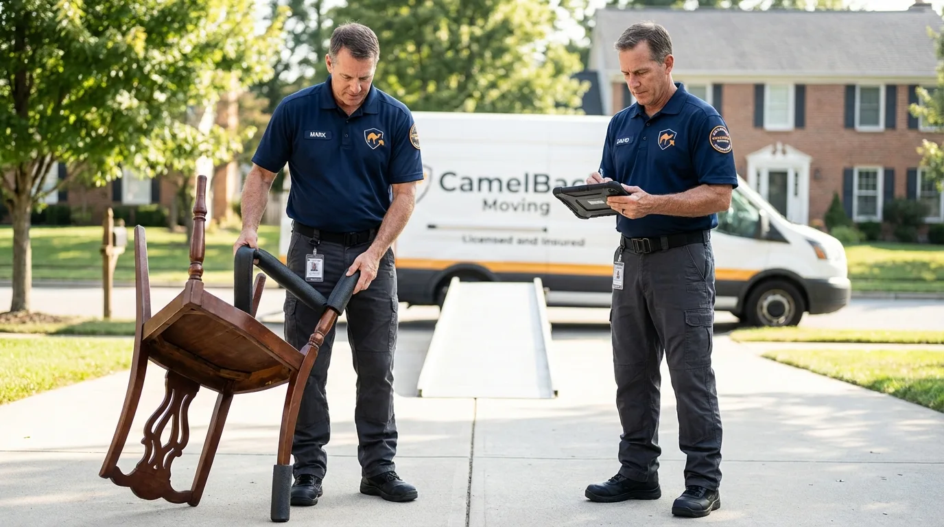 Movers inspecting furniture for damage prevention before loading in Mineville, NY