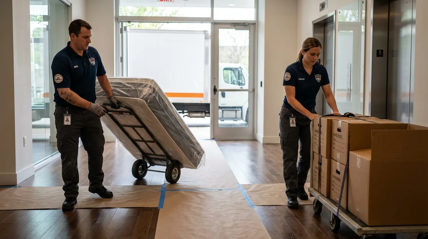 Professional apartment movers loading elevator in Mineville, NY