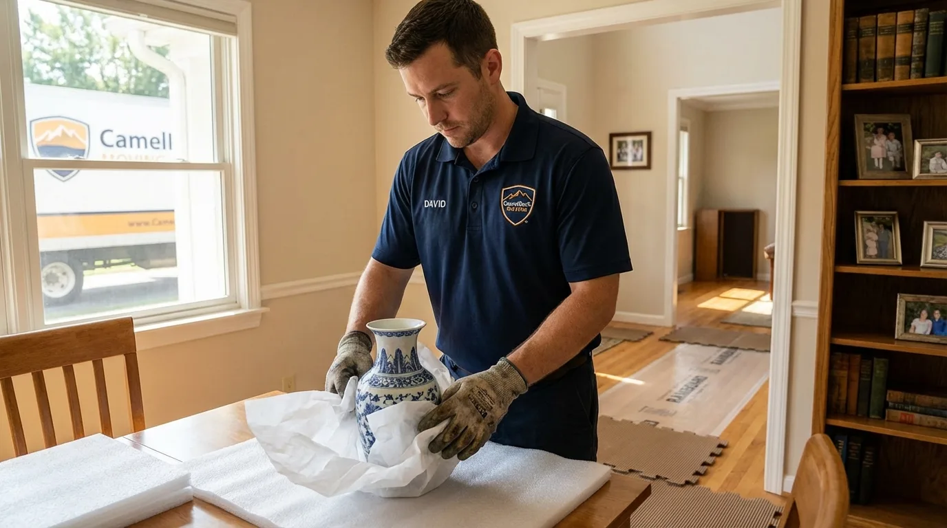Professional crew carefully wrapping antique vase for senior downsizing move in Mineville, NY